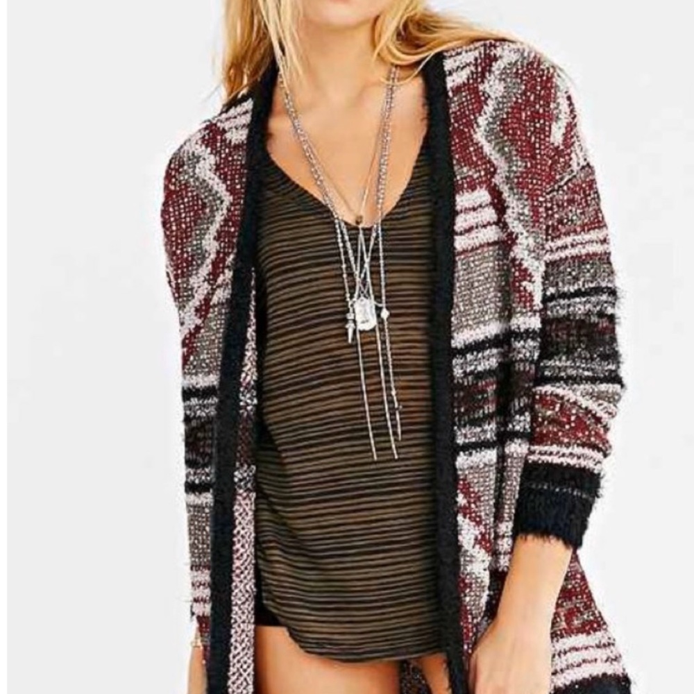 UO ECOTE Black Wine Cabin Fever Aztec Fuzzy Cardigan Small